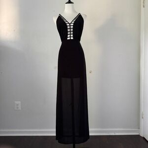 FOREVER 21 Black Sheer Deep V-Neck Mini/Maxi Dress Womens Sz‎ S, Prom Event